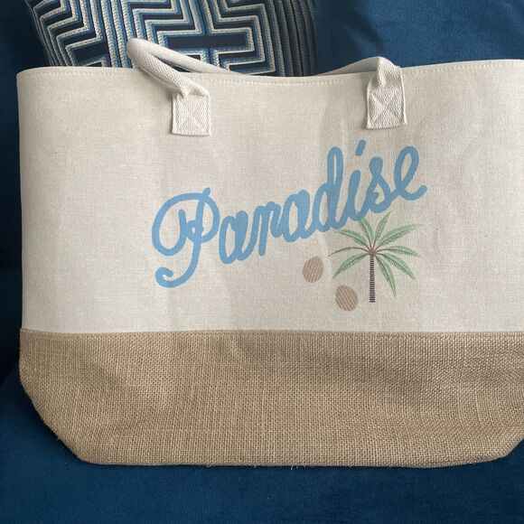 Paradise Women’s Resort Ready Woven Tote Bag Tan Blue Snap Closure Large - Picture 8 of 12